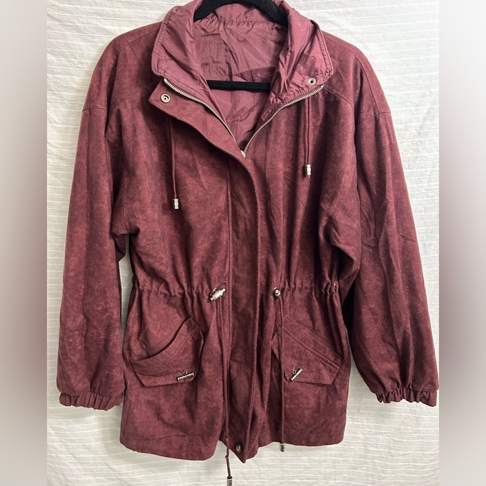 CS Signature Jacket Womens Burgundy Reversible Full Zip Velvet/Windbreaker Sz S